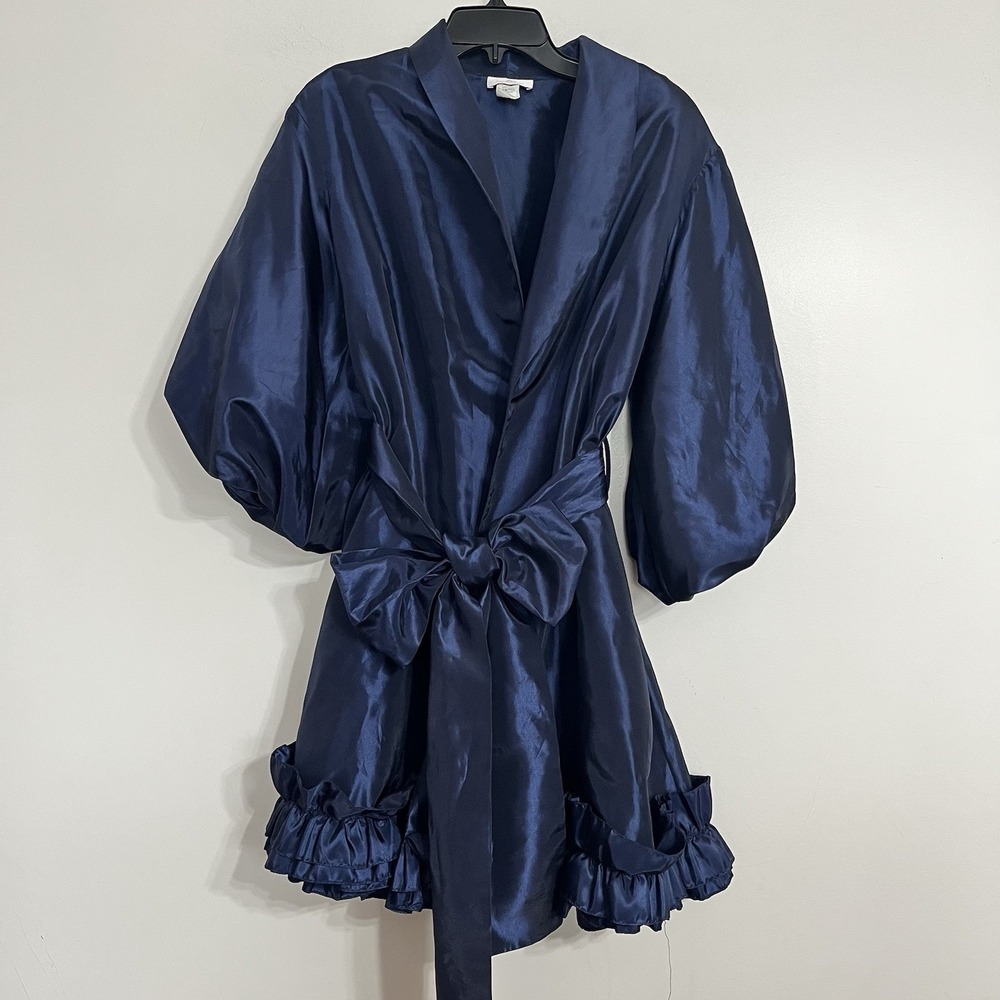 Vintage‎ 80s IC Collection Puff Sleeve Wrap Dress Ruffle Hem Navy Blue Small